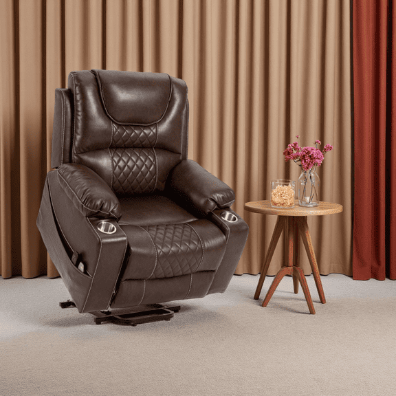 26" Wide Power Lift Chair Recliner with Massage and Heat, Motor Electric Lounge Chair for Elderly, Senior Lift Recliner with Cup Holders, Brown