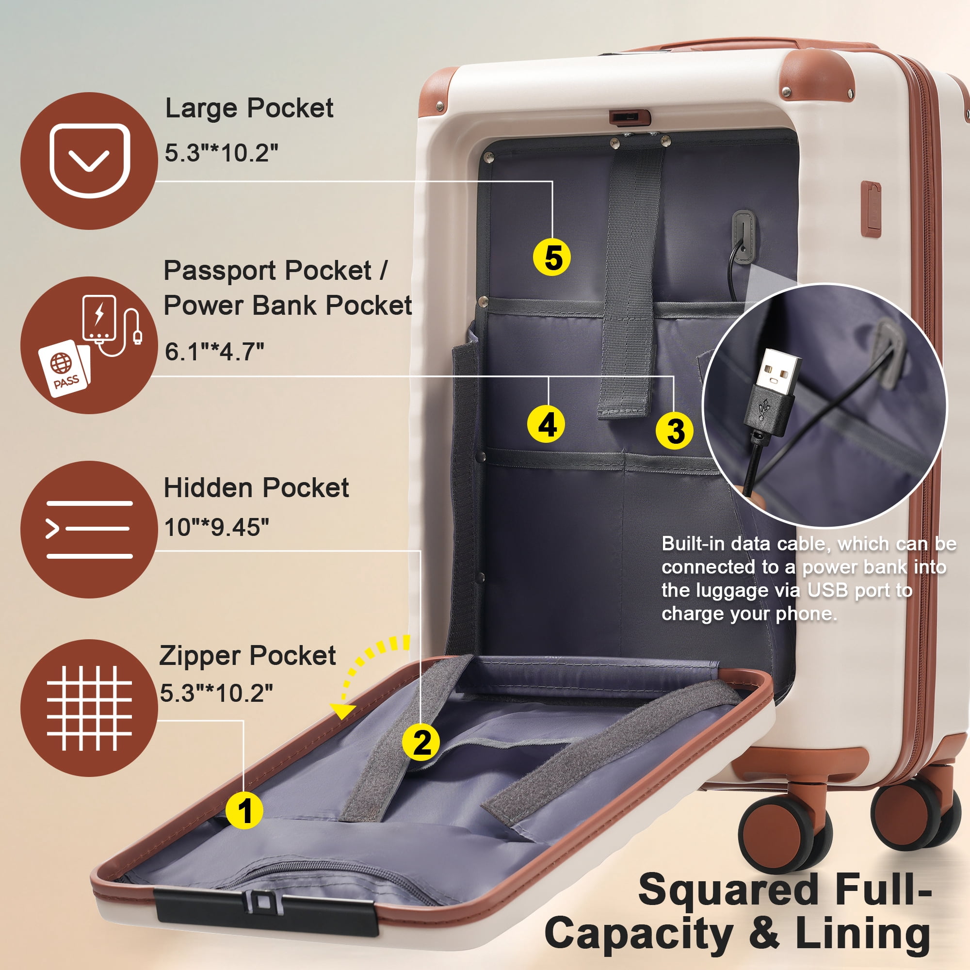 Euroco 5 Piece Luggage Sets Front Opening,Expandable Hardshell Suitcase with Spinner Wheels,2 Bags and TSA Lock,Lightweight Carry on Luggage with USB Port and Cup Holder(20"/24"/28"),White