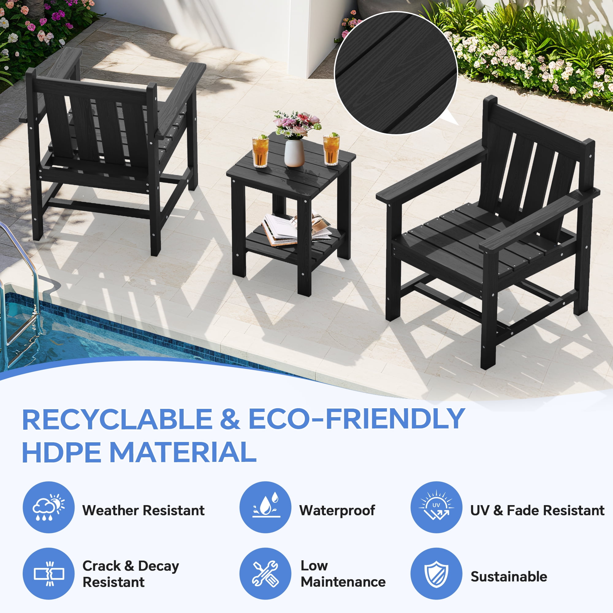 SERWALL 3 Piece Patio Furniture Set,HDPE Outdoor Bistro Set with Coffee Table and Chair for the Patio,Black