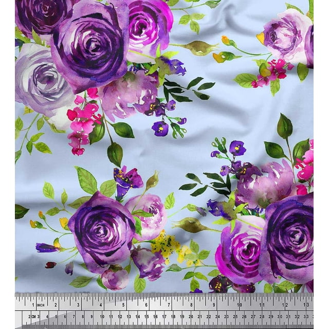 Soimoi Tissu Satin Modal Feuilles et Imprimés de Fleurs de Roses au Mètre 42 Pouces de Large