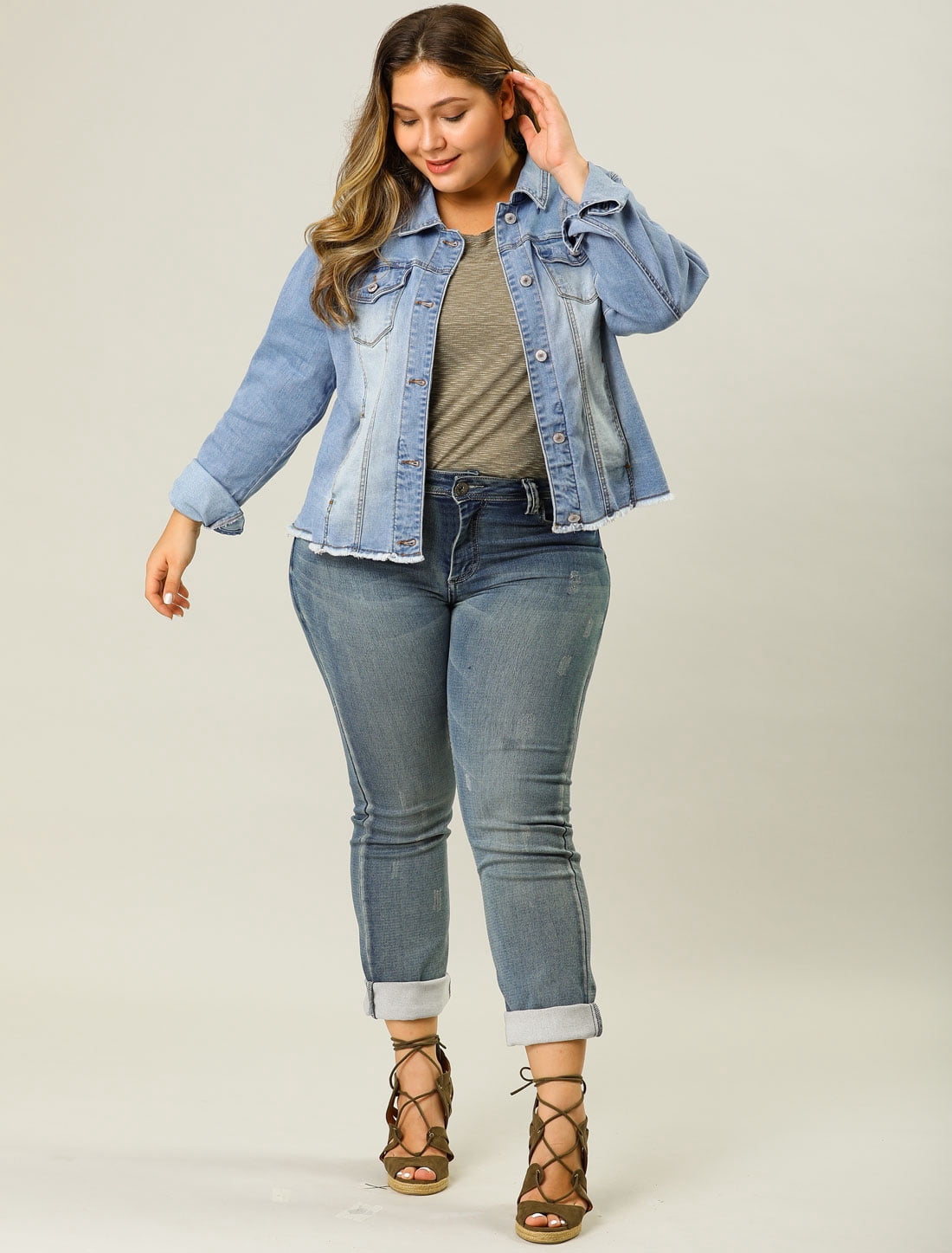 DARING DIVA Women's Plus Size Washed Front Frayed Classic Denim Jacket 6X Light Blue