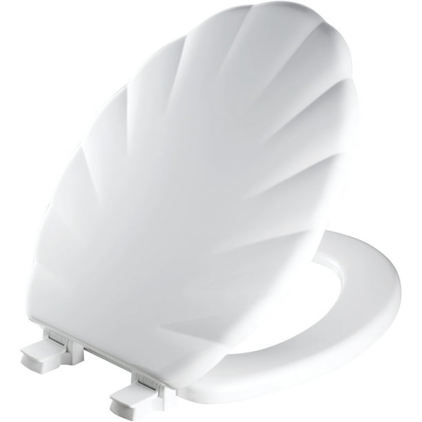 Mayfair Shell Elongated Enameled Wood Toilet Seat in White with STA