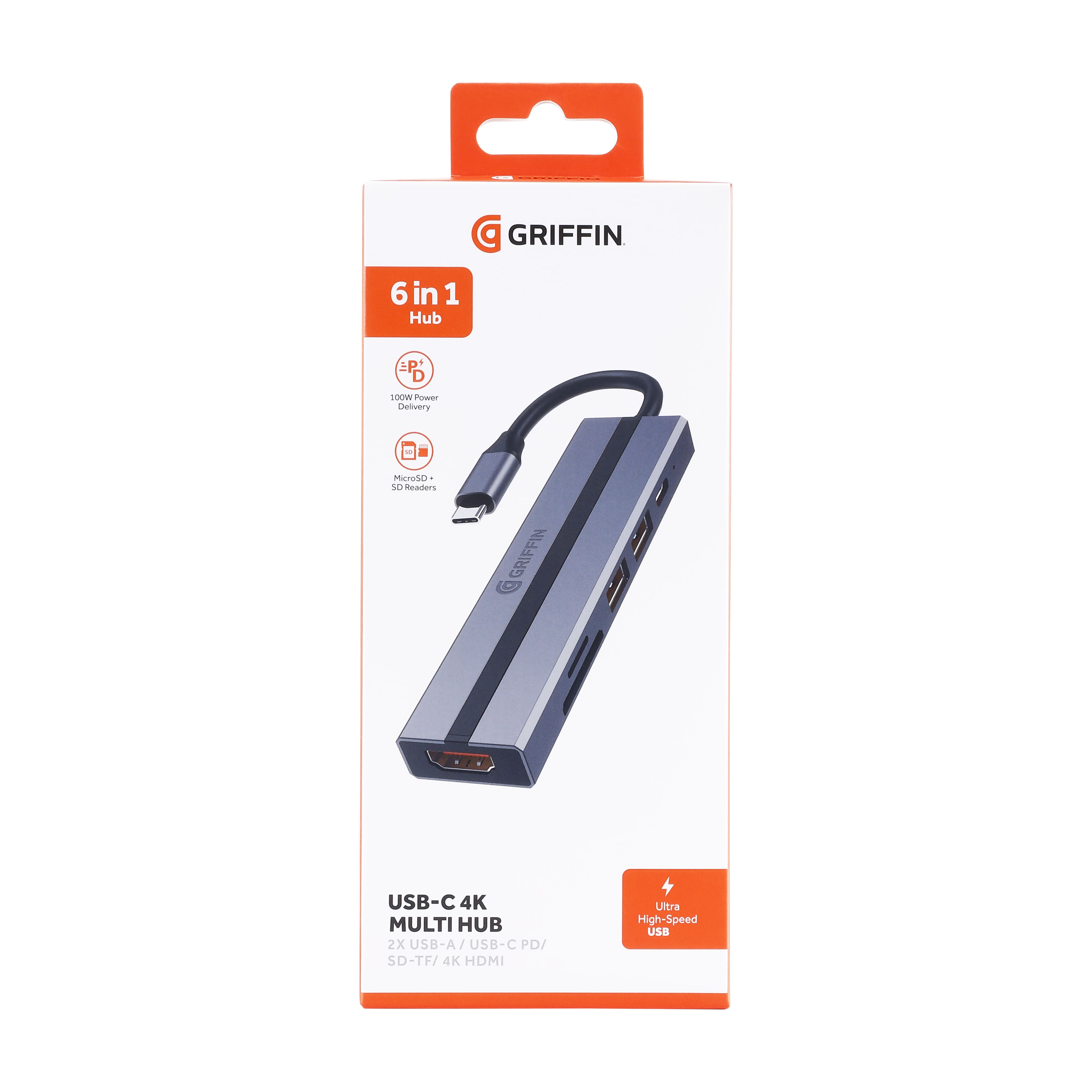 GRIFFIN USB-C 4K Multi Hub Adapter – 6-in-1 USB-C Docking Station with 2× USB-A 3.0, 4K HDMI, USB-C PD, SD/TF Card Reader – Compatible with MacBook, Windows Laptops, Tablets