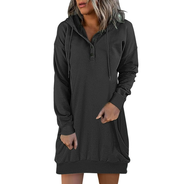 Robes Grande Taille Décontractées à Capuche Manches Longues Chandail en Molleton Boutonné Robe de Soleil à Cordon Noir S