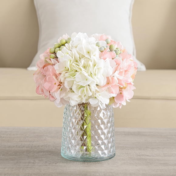 Arreglo floral artificial de hortensias Wracra con jarrón de cristal