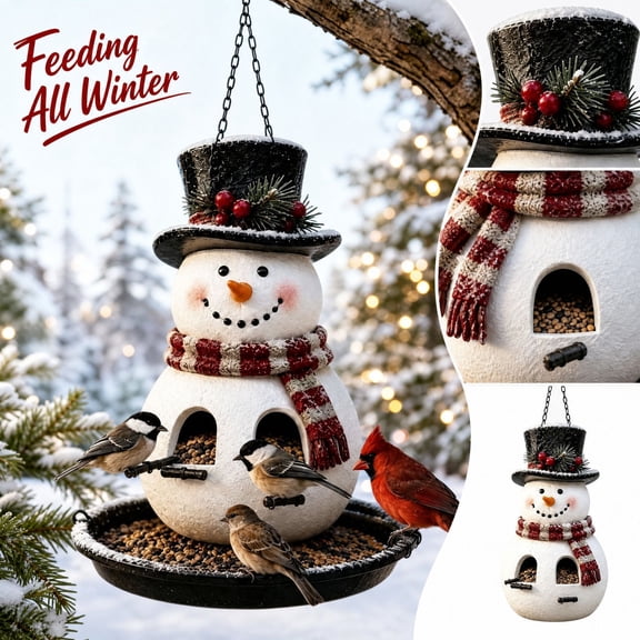 Christmas Bird Feeder Collection,Festive Hanging Garden Feeders for Wild Birds, Snowman Style Bird Feeder with Weather Resistant Resin, Christmas Outdoor Yard Display Gift