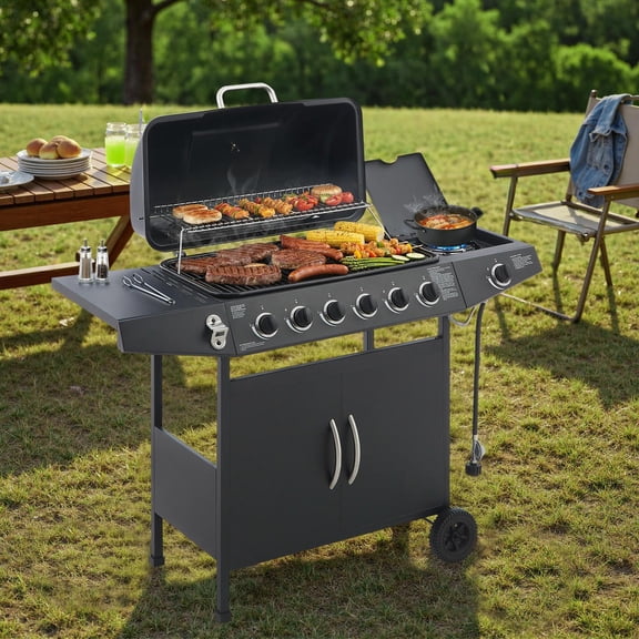 Kadyn 6-Burner BBQ Grill for Backyard, Propane Gas with Side Tables, 59000 BTU Output, Stainless Steel & Enamel Grates, Black