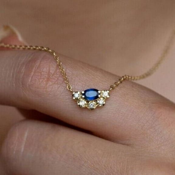 TAAPSEE JEWELS Oval Cut Blue Sapphire Elegant Women's Necklace 14K Yellow Gold Plated Silver