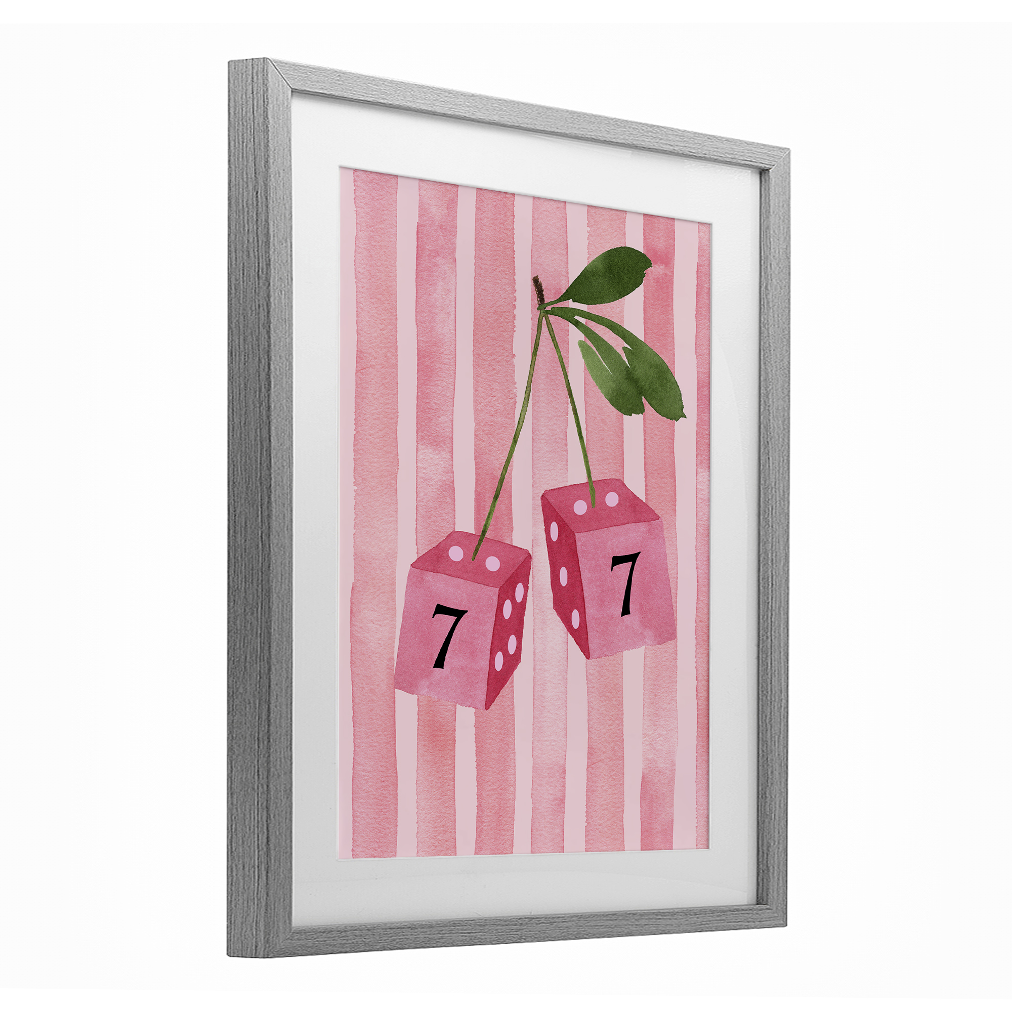 Lucky Number 7 Cherry Dice Gray Framed Print Under Glass, design by Nina Jacobs