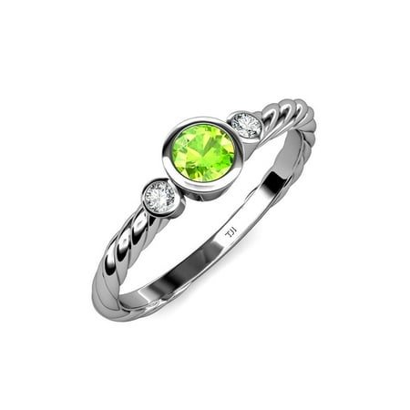 

Peridot and Diamond (SI2-I1 G-H) Three Stone Rope Ring 0.67 ct tw in 14K White Gold.size 8.5