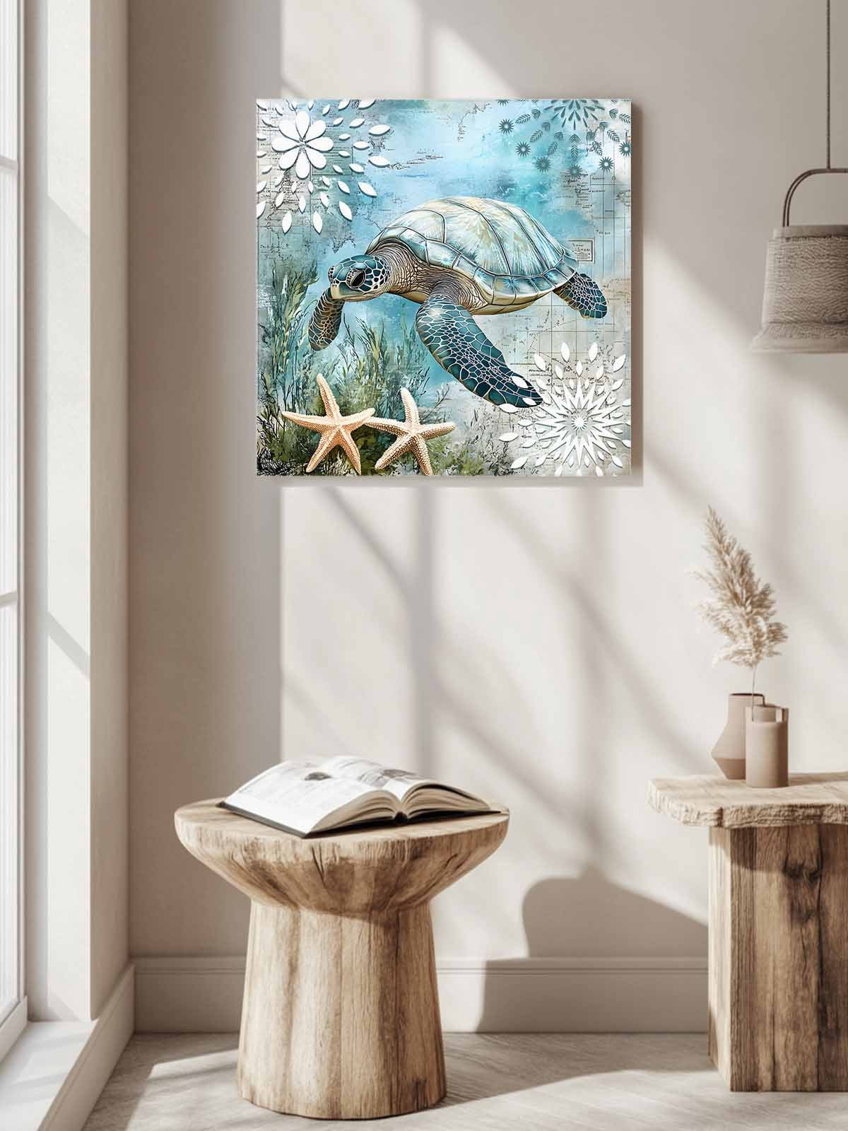 Retro Sea Turtles Canvas Wall Art, Ocean Sea Stars Corals Animal Framed Wall Decor Modern Artwork Prints Painting for Living Room, Bedroom, Kitchen & Cafe Decor 16x16 Inch