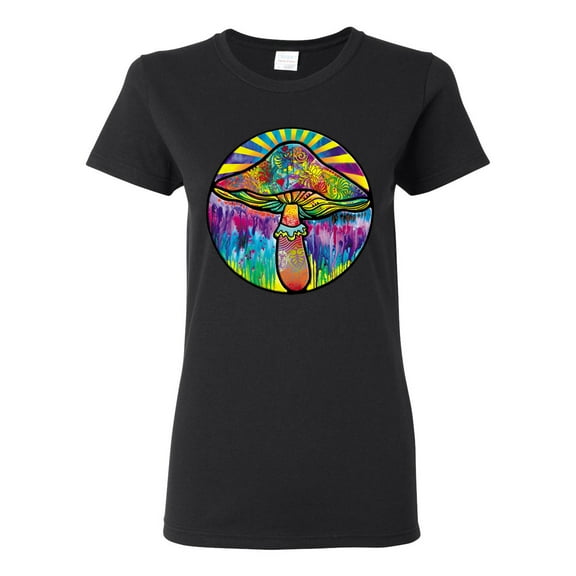Wild Bobby Colorful Mushroom Retro Puff Print Fashion Womens Graphic Tee, Black, Small