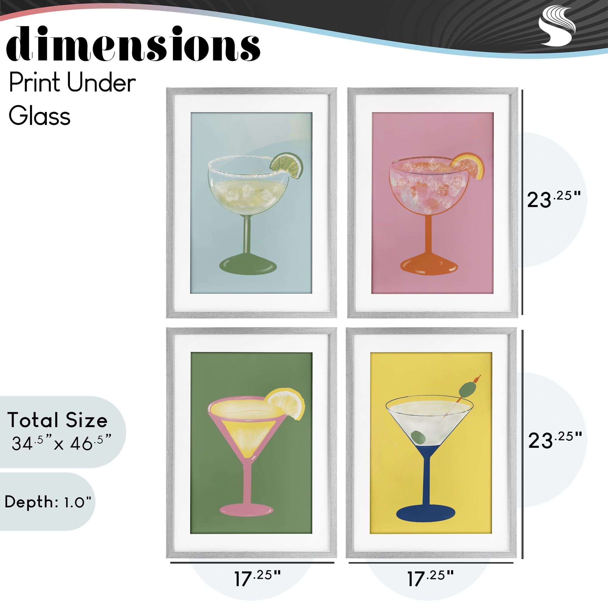 Stupell Industries Stylish & Fun Cocktails 4 Piece Gray Framed Print Under Glass Set, design by Robin Maria