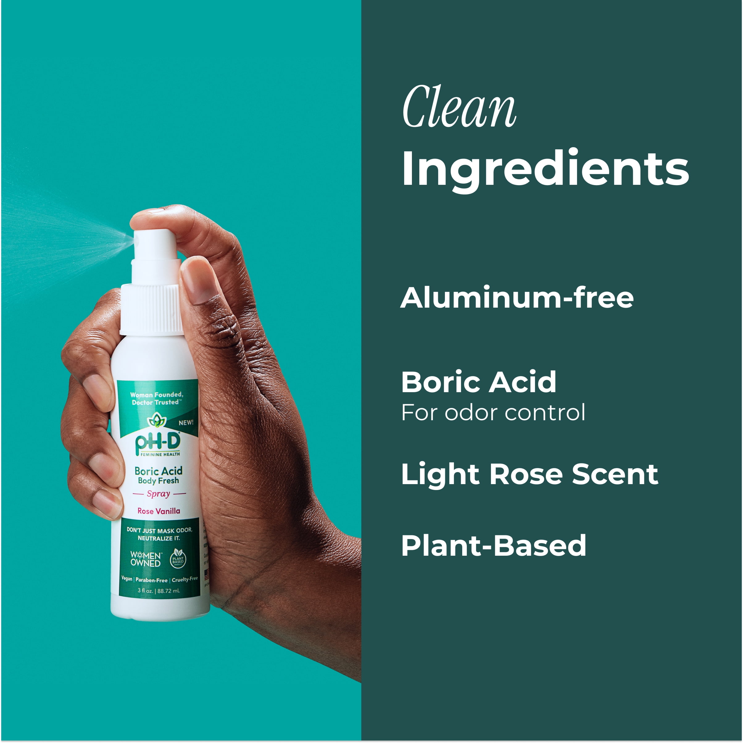 pH-D Feminine Health Boric Acid Body Fresh Spray, Vegan, Paraben-Free, Rose Vanilla Scented, 3 oz