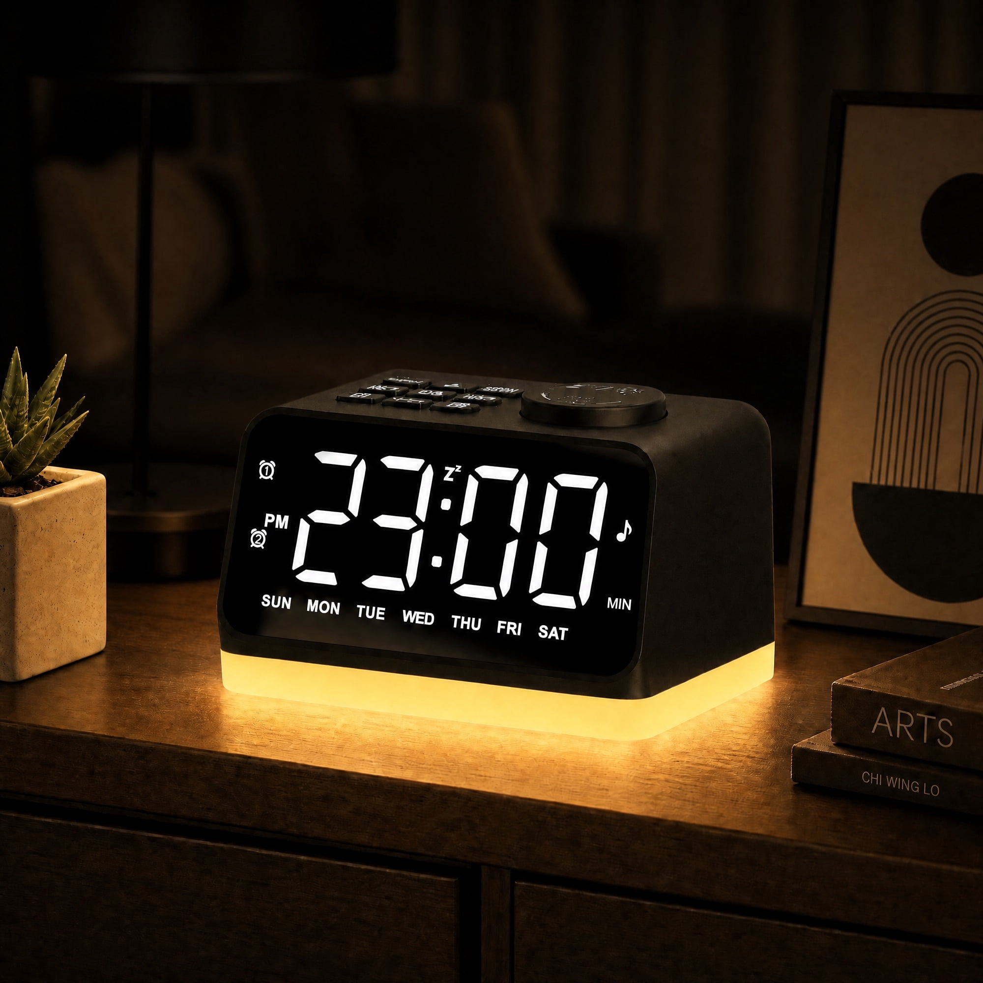 Digital Alarm Clock with FM Radio for Bedroom, 8 Colors Night Light with 2 Charging Port, Sleep Sound Machines with Timer, Dual Alarm, Loud Alarm and Easy to Use for Seniors and Kids