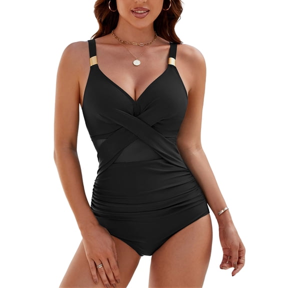 LVWQ Women's One Piece Swimsuit Tummy Control Mesh V Neck Ruched Full Coverage Bathing Suit Adjustable Straps Swimwear