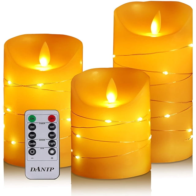 Vela LED sin llama con cadena de luz integrada, vela LED de 3 partes con mando a distancia, llama danzante, cera auténtica, funciona con pilas.