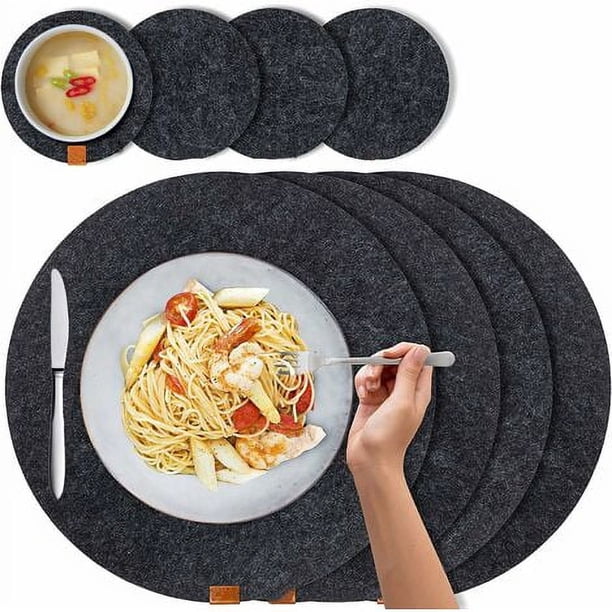 8 Piezas Manteles Individuales Redondos Posavasos de Fieltro Antideslizante Manteles Individuales Redondos Lavables Gruesos Negro Impermeable, Resistente al Calor para Cocinas, Restaurantes