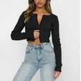 thumbnail image 4 of DuoJiaJ Women'S Solid Color Zipper Long Sleeve Plunging Neckline Top Sexy Slim Scrunchy Knit Bottoming Shirt Women’s High-Neck Workout Tops Black, 4 of 5