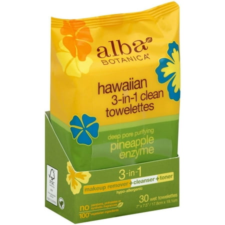 Alba Botanica Hawaiian 3-In-1 Clean Towelettes Pineapple Enzyme 30 ea (Pack of