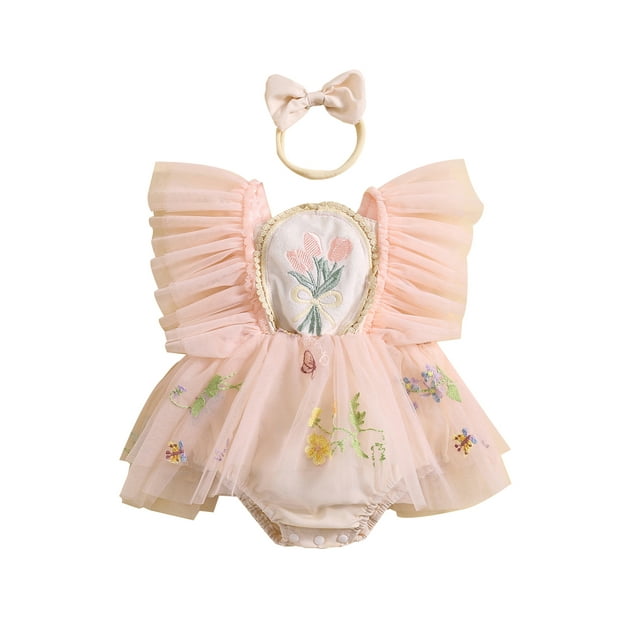 EYIIYE Bébé Bébé Filles d'Été Princesse Tenues 0 3M 6M 12M 18M Nouveau-Né Volant Manche Combinaison Fleur Broderie Maille Patchwork Rompers Robe Carrée ler Doux Vêtements de Mode Mignon pour la Fête