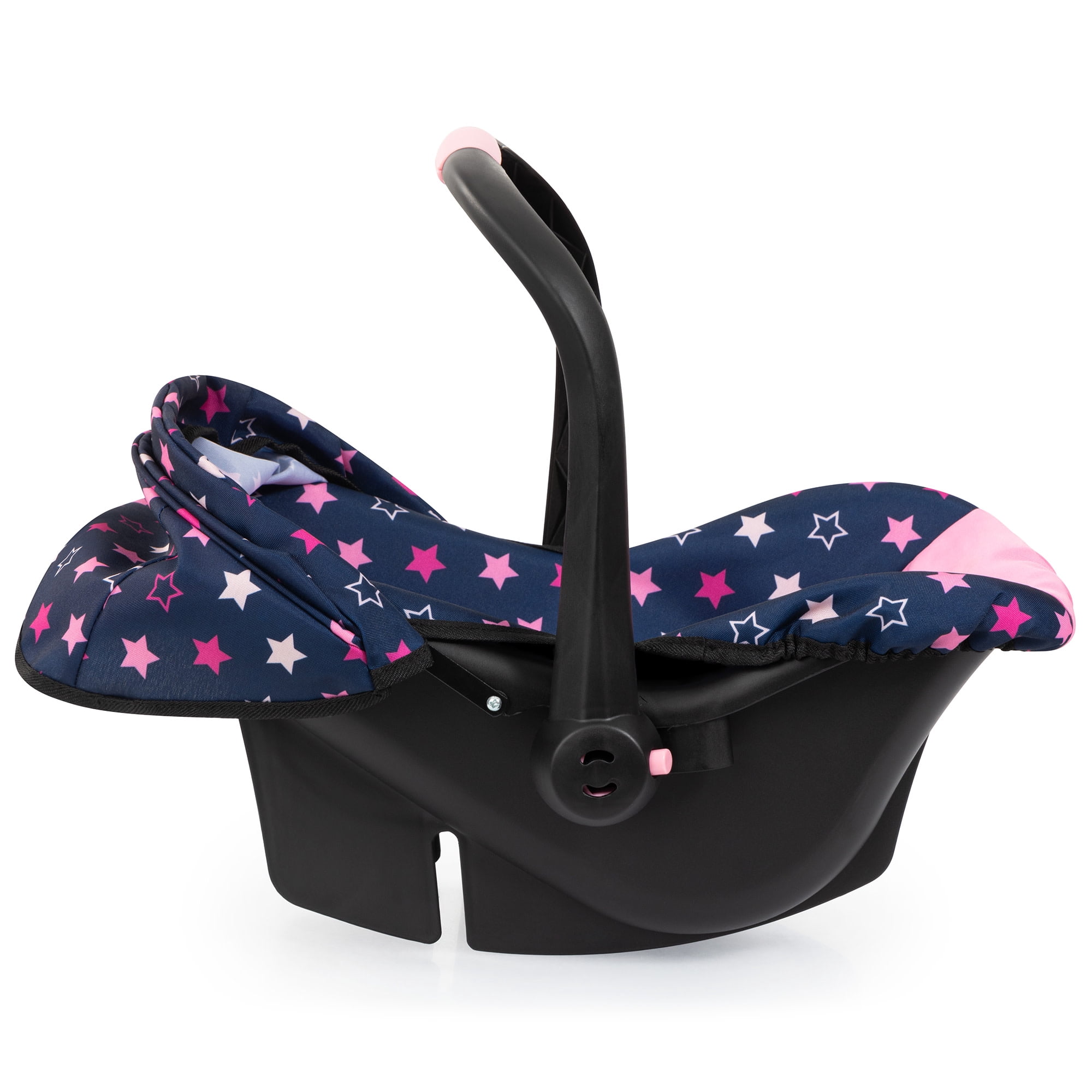 Bayer Design: Doll Deluxe Car Seat - Navy-Pink-Star - Portable Travel Carrier For Dolls Up To 18", Sunshade & Carry Handle, Use As Rocker, Kids 3+