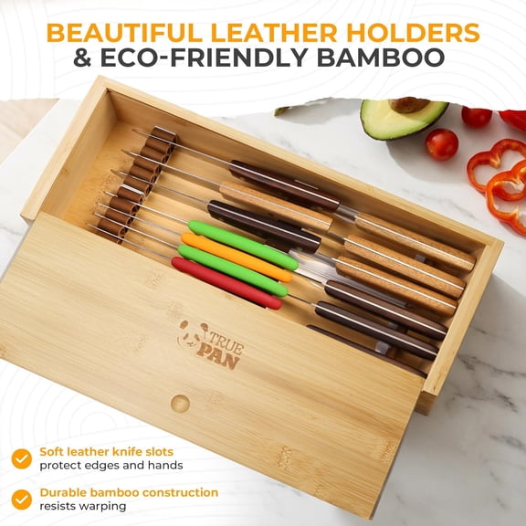 Kid Safe In-Drawer  Storage Box with Leather Knife Holders and Lock - Compact 5.5 Inch Wide Organizer for Kitchen Drawers