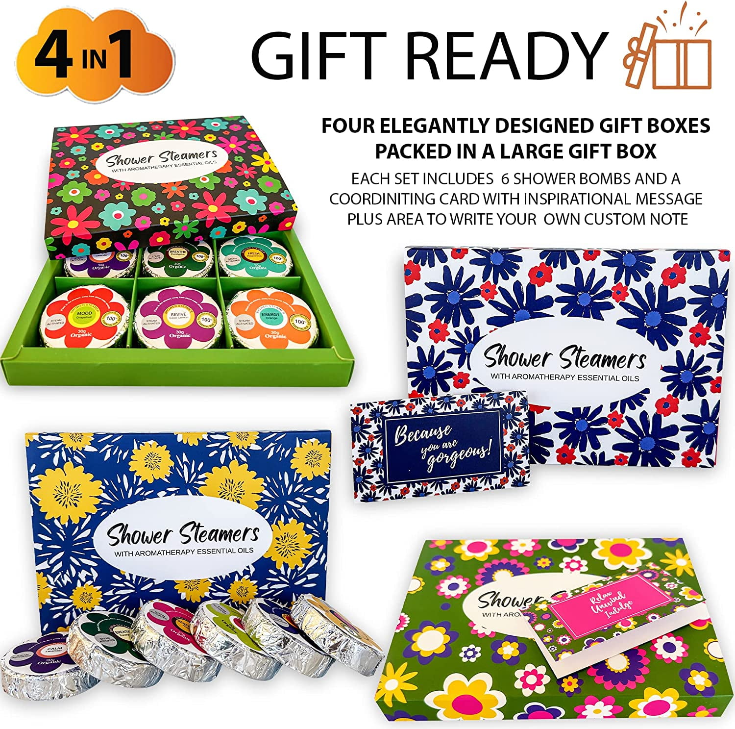 Shower Steamers for Women - 24pc Shower Bombs Aromatherapy Gift Set w/Organic Essential Oils. Shower Melts, Selfcare Gifts for Women