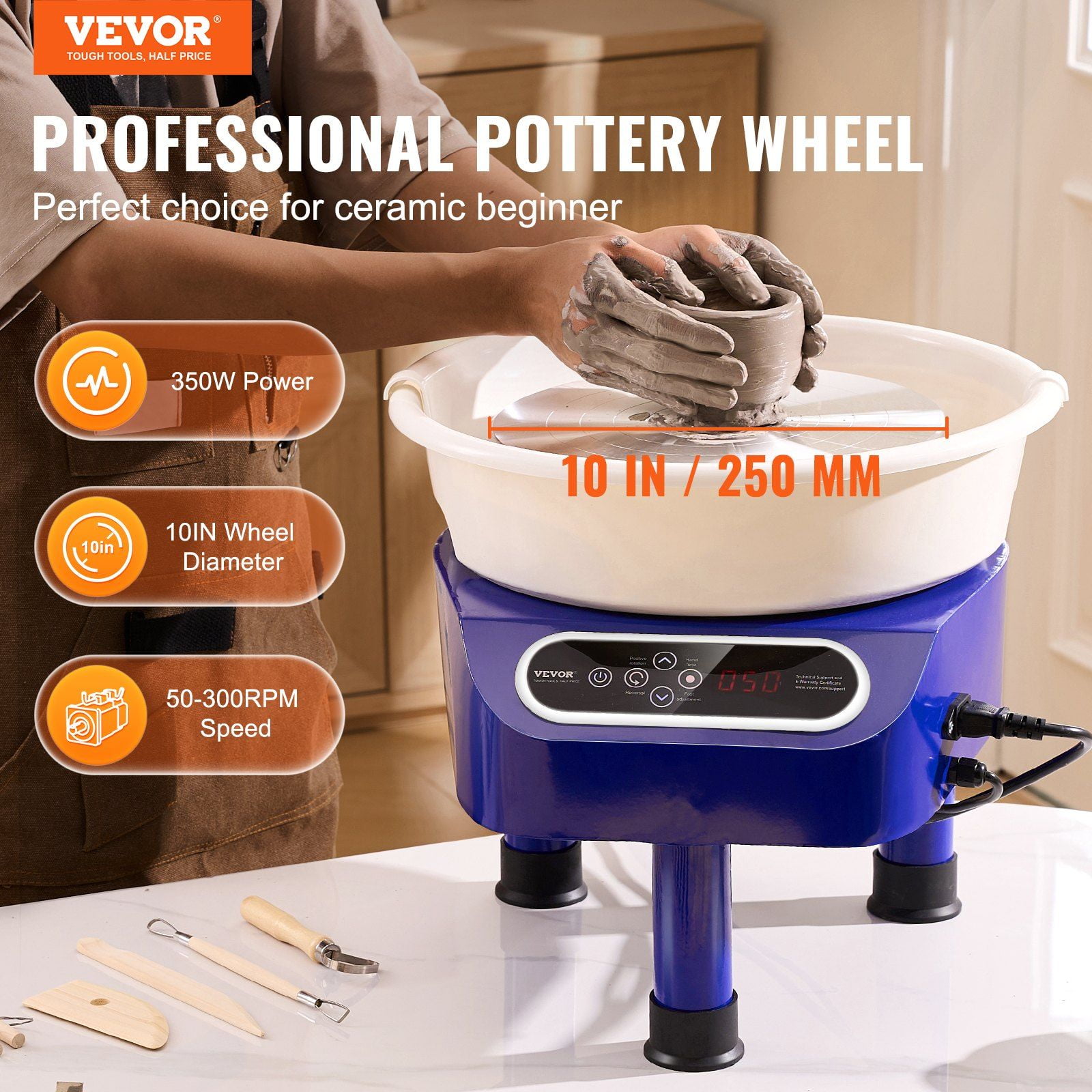 Pottery Wheel, 10 Inch Ceramic Wheel Pottery Machine, 350W Electric Pottery Wheel with Foot Pedal & LCD Touch Panel, Direct Drive DIY Clay Art Tool with Heavy-Duty Tripod Base, Blue