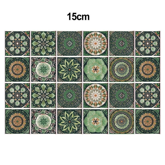 Decorative Green Mandala PVC Tile Stickers Set of 24 for Stylish Walls