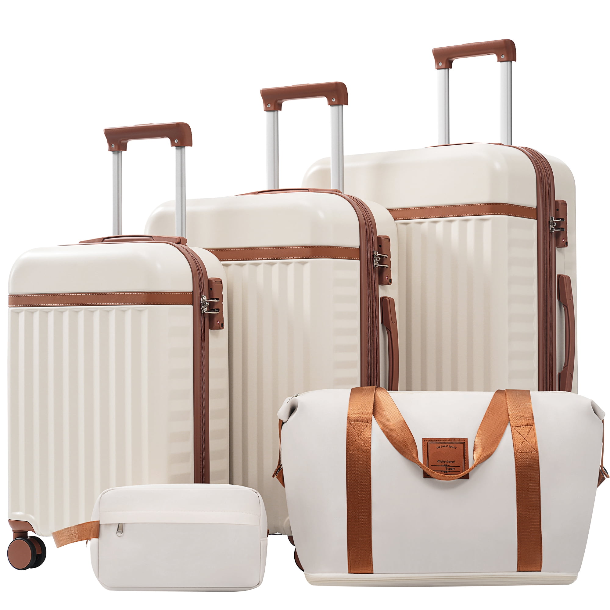Euroco Luggage Sets 5 Piece,Hardside Expandable Suitcase with 2 Travel Bags,Spinner Wheels and TSA Lock,Lightweight Carry on Luggage for Women Men(20"+24"+28"),Brown+White