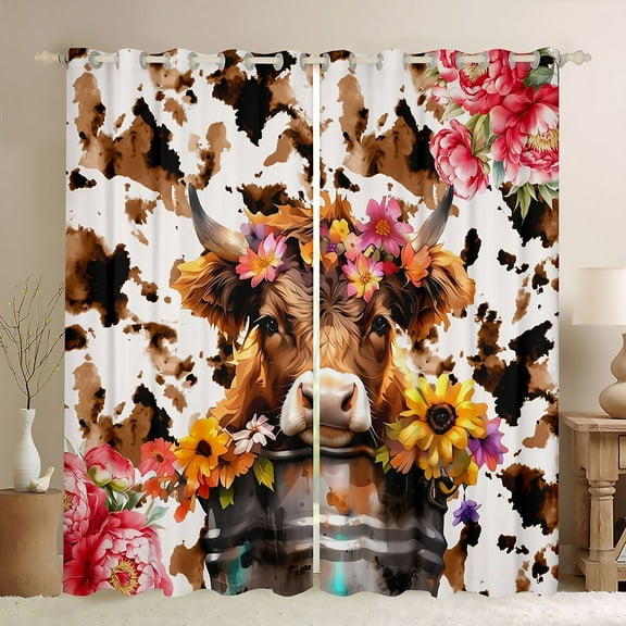 Homewish Highland Cow Black Out Curtains for Teens Boys Girls,Farmhouse Animal Curtains Pack of 2 (42x63 Each),Chic Flowers Bedroom Curtains,Luxury Bedroom Decor