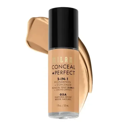 Milani Conceal + Perfect 2-in-1 Foundation + Corrector - Natural Beige (1 Fl. Oz.) Base líquida libre de crueldad animal - Cubra las ojeras, las imperfecciones y la decoloración de la piel para un