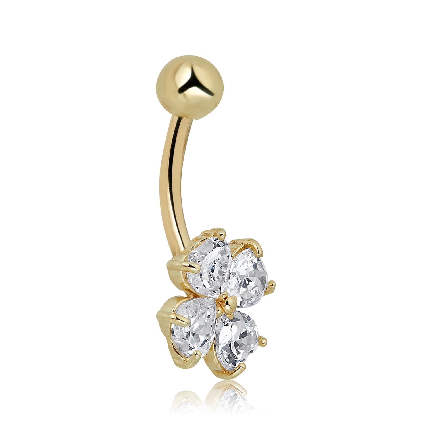 AVORA 10K Yellow Gold Heart-shaped Simulated Diamond CZ Flower Belly Button Ring Body Jewelry (14 Gauge)