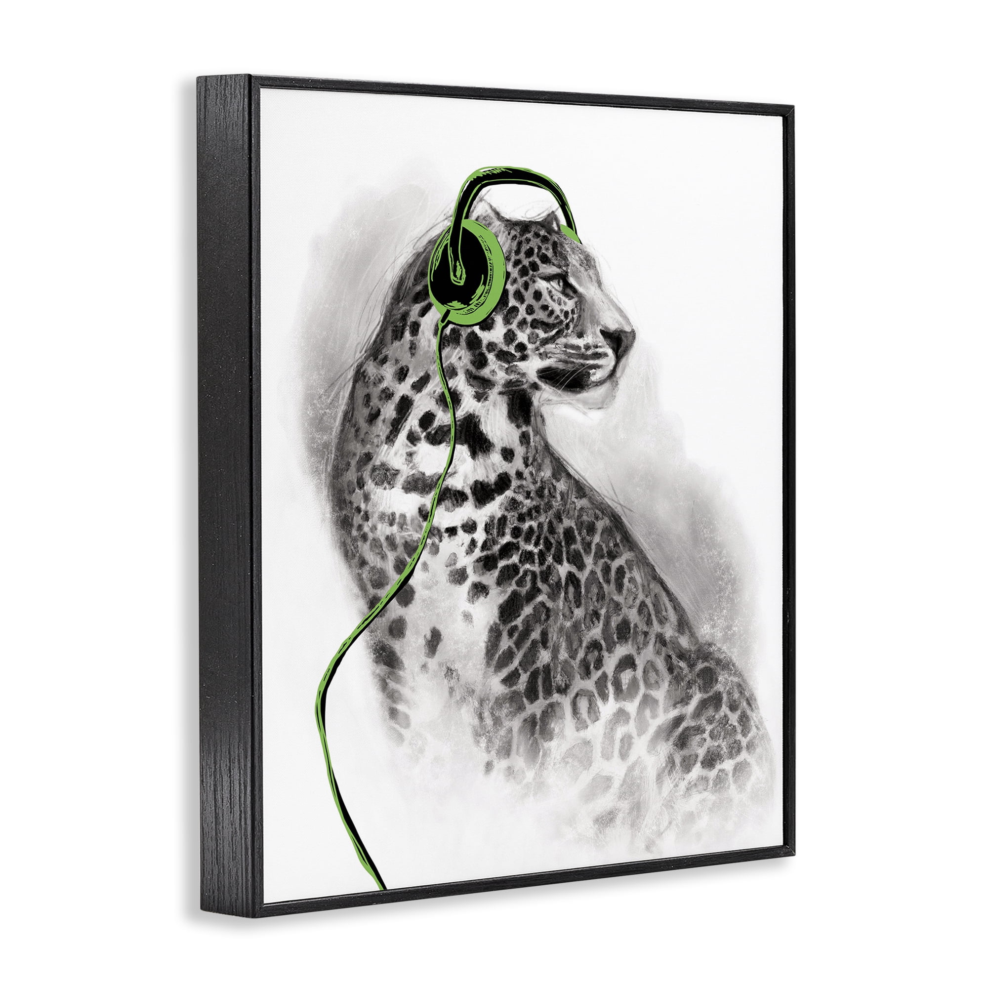 Stupell Industries Cheetah with Headphones Animals & Insects Painting Black Framed Art Print Wall Art, 16 x 20