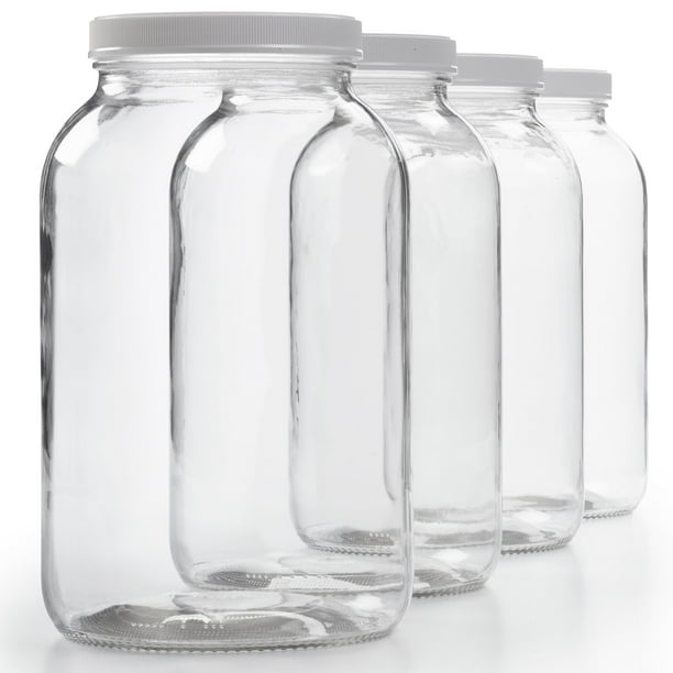 4 Pack 1 Gallon Glass Jar w/Plastic Airtight Lid, Muslin Cloth, Rubber Band Wide Mouth Easy