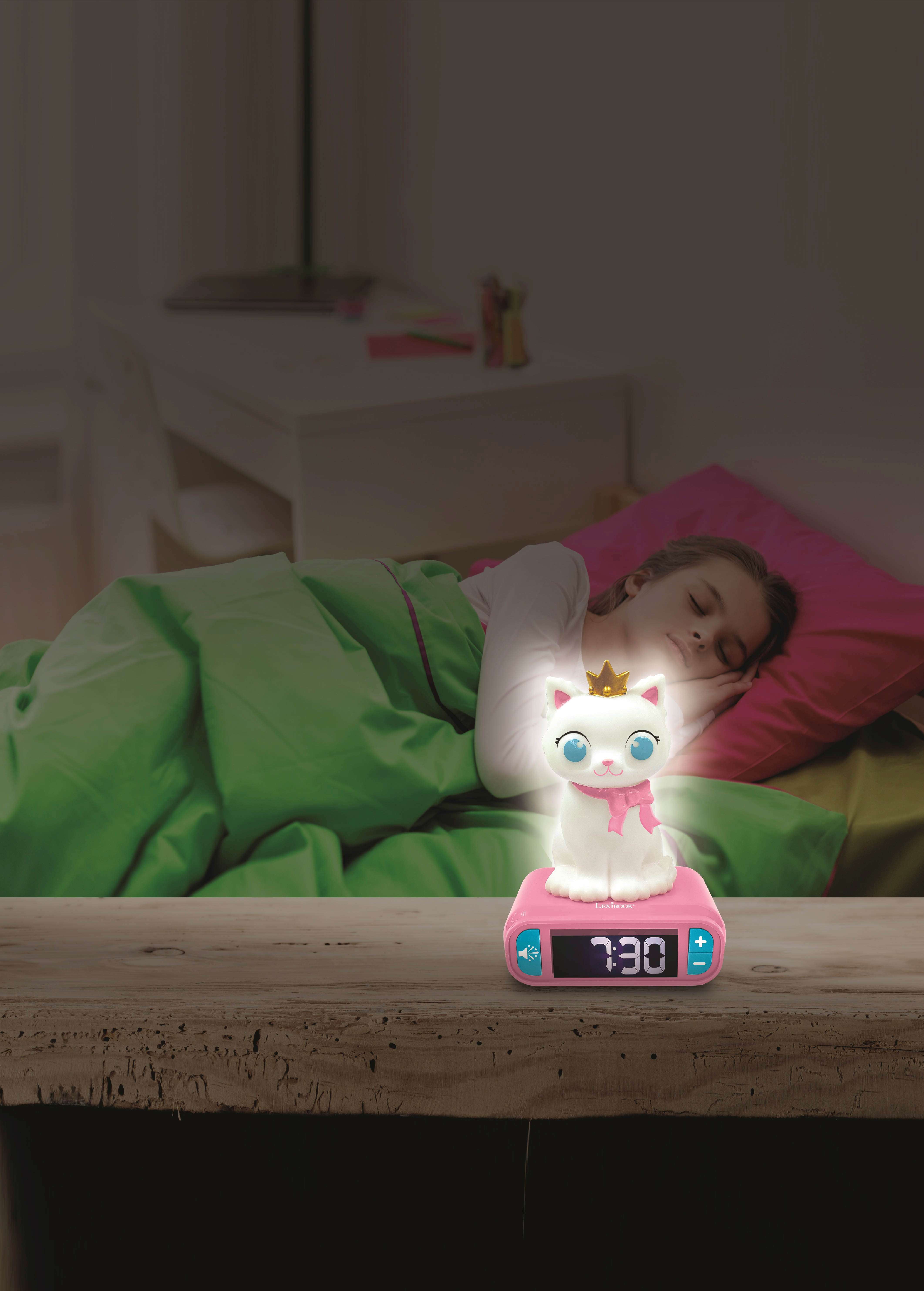 Lexibook - Kitten Digital Alarm Clock for Kids with Night Light Snooze, Childrens Clock, Luminous Cat, White and Pink Colours