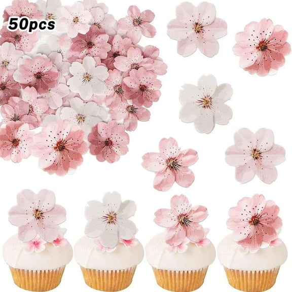 50pcs Edible Blossom Cupcake Toppers Decorations, Pink Flowers Birthday Cake Decorations Insert Floral Wafer Paper for Baby Shower Birthday Party Wedding Parties Supplies