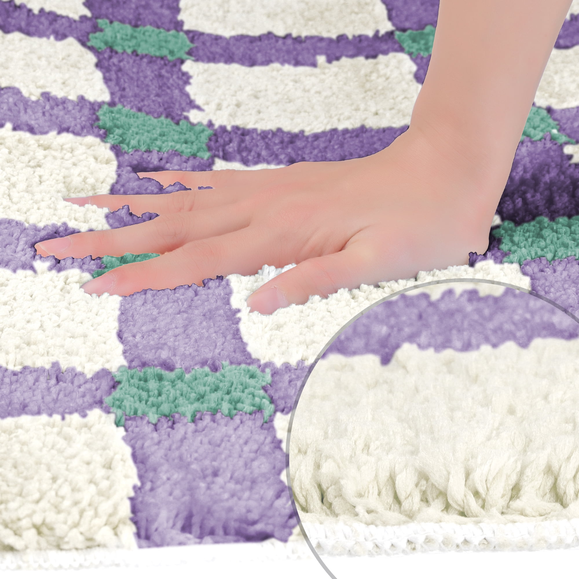 Unique Bargains Checkered Non Slip Bath Mats Fluffy Absorbent Rugs Purple Green 16" x 24"