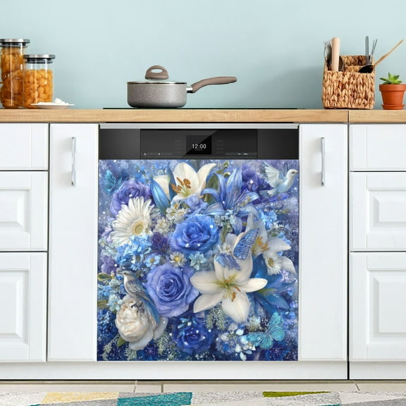 Dishwasher Magnetic Refrigerator Magnet Cover Sticker Home Decorative 23"x26" Blue and White Crystal Roses