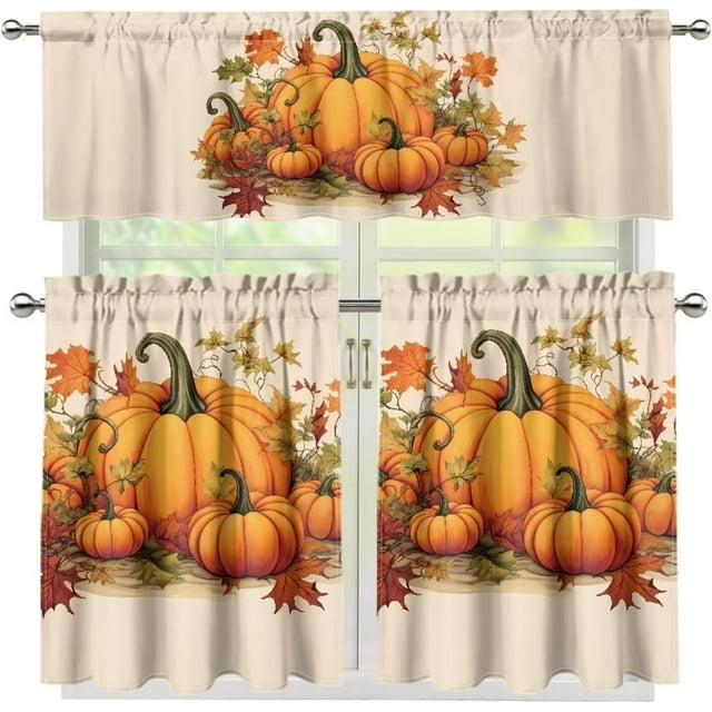 Fall Kitchen Curtains 3 Piece Set, Pumpkin Maple Leaf Kitchen Window Curtains Valance and Tier Set Panels Window Tier Curtains 36 Inch Length Sets Window Treatment
