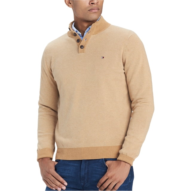 Tommy Hilfiger Mens Bridge Mock-Collar Knit Sweater, Beige, Small