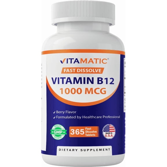 Vitamatic Vitamin B12 1000 mcg Fast Dissolve 365 Tablets - Berry Flavor - Supports Energy Metabolism