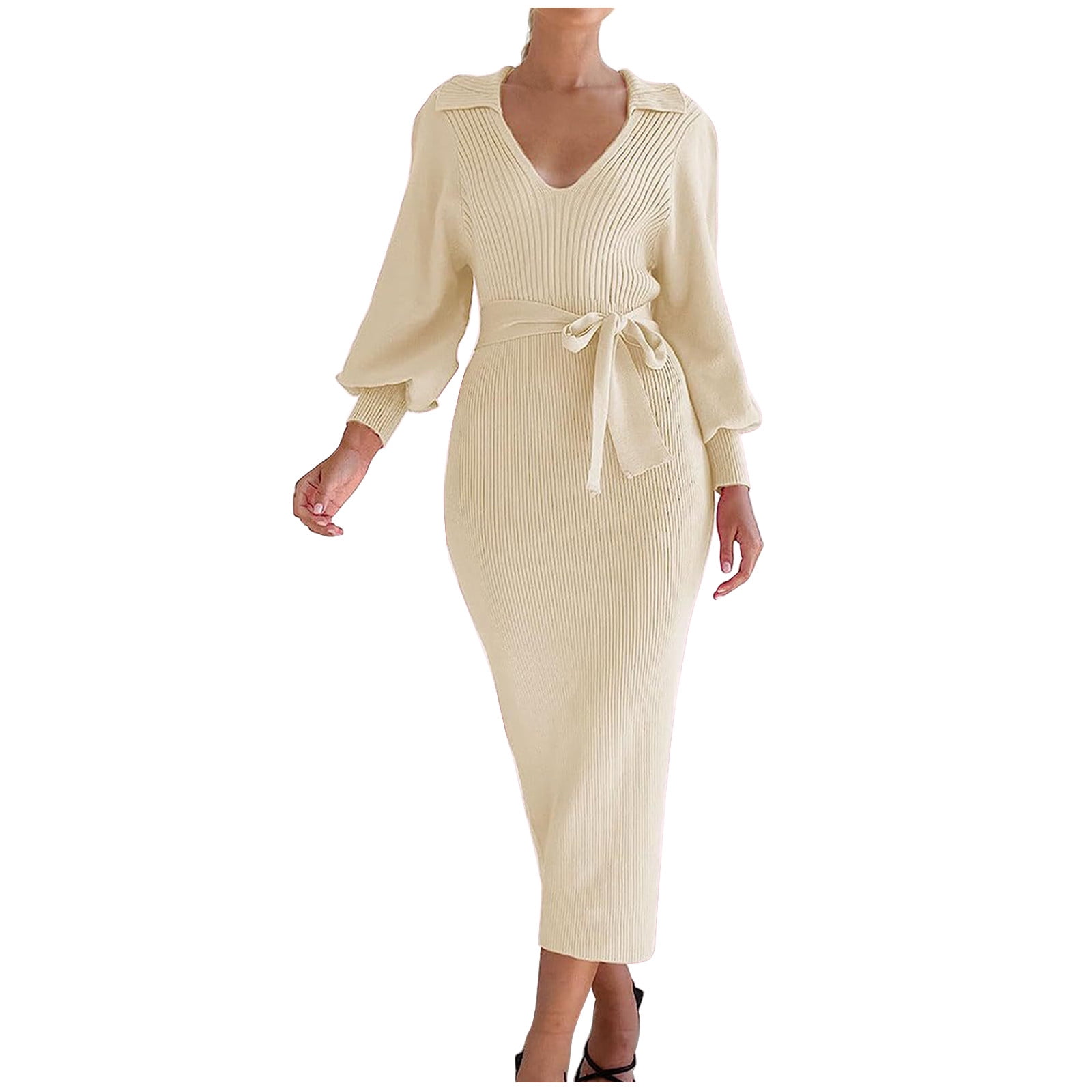 IROINNID Sweater Dress for Women V Neck Sweater Dress Puff Long Sleeve Slim  Bodycon Fall Winter Ribbed Knit Dresses ,White - Walmart.com