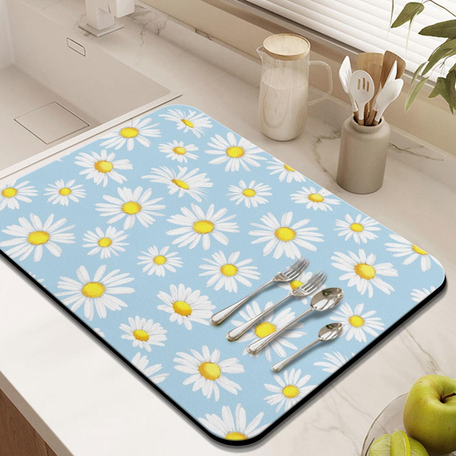 2 Pack Washable Rubber Daisy Cute Floral Dish Drying Mats for Kitchen Counter Home Large Coffee Bar Pad Accessories and Decor for Utensils Stemware (2pcs 18''x24''+19.5''x12'')