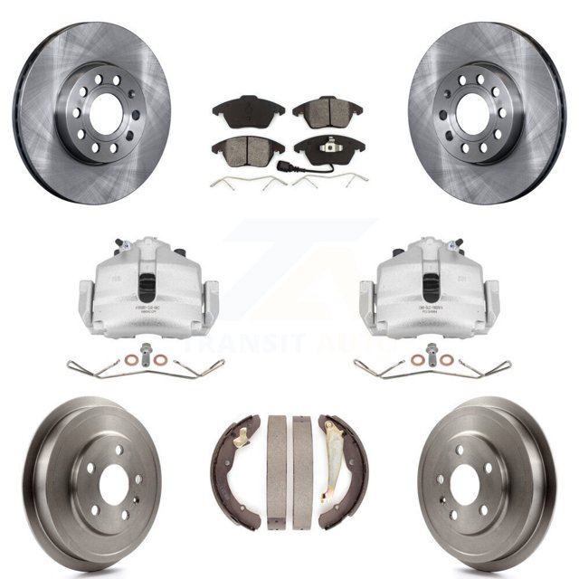 Transit Auto Front Rear Disc Brake Caliper Rotors Drums Semi-Metallic Pads Kit (8Pc) for Car Volkswagen Jetta Beetle with 288mm Diameter Rotor KC8-100822S