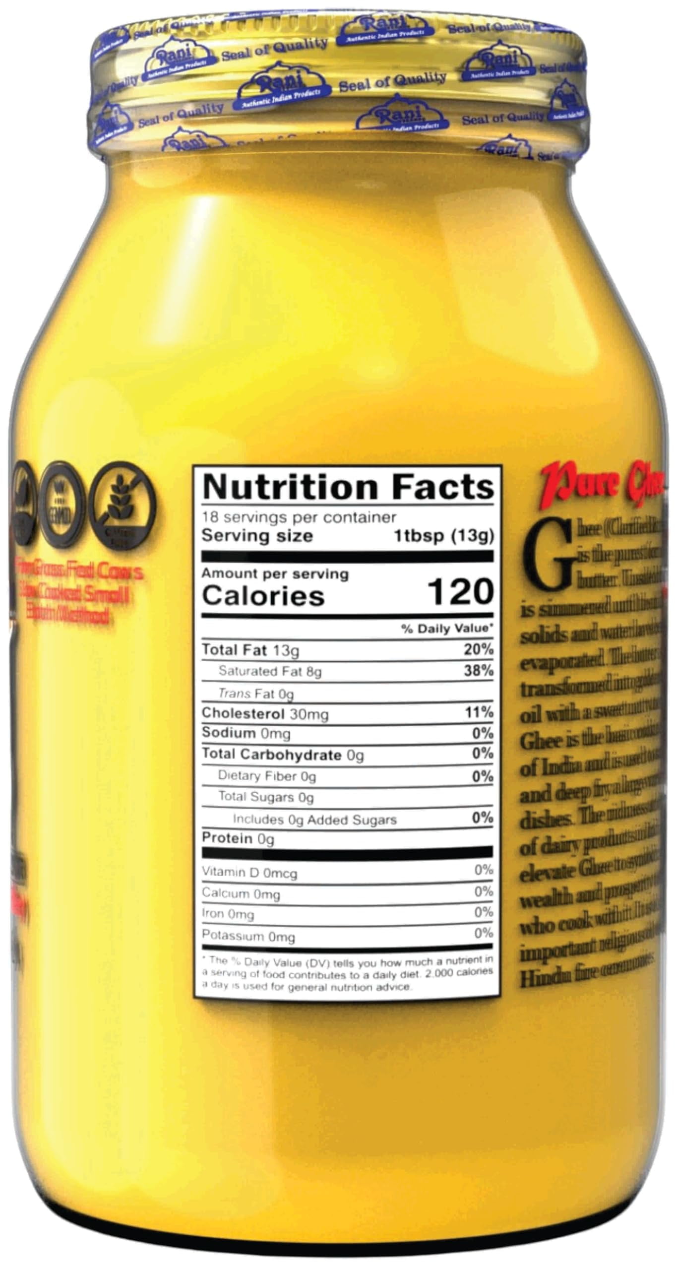Rani Ghee Pure & Natural from Grass Fed Cows (Clarified Butter) 2lbs (32oz) ~ Glass Jar | Paleo Friendly | Keto Friendly | Gluten Free | Kosher | Product of USA