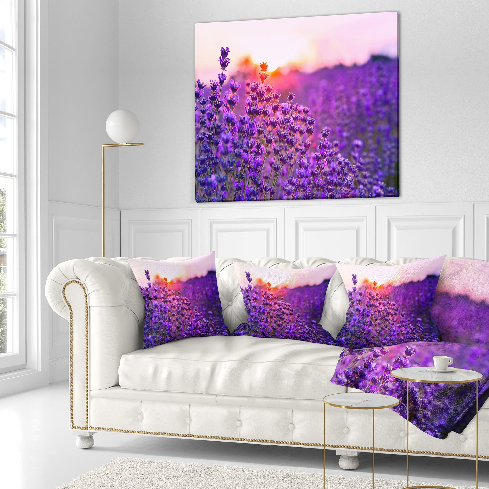 Designart Summer Sunset over Lavender Field - Floral Throw Pillow - 16x16