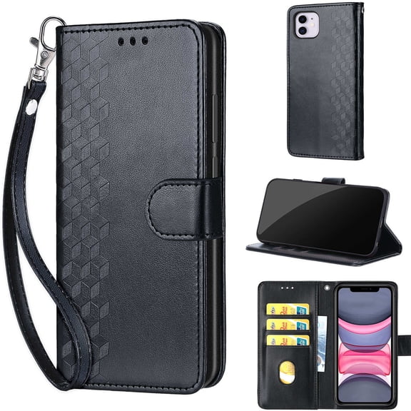Embossed Pattern Wallet Case for iPhone 8 Plus / iPhone 7 Plus, Flip PU Leather Case with Card Holder Wrist Strap, Full Body Shockproof Stand Folio Cover for iPhone 8 Plus / iPhone 7 Plus, S1black