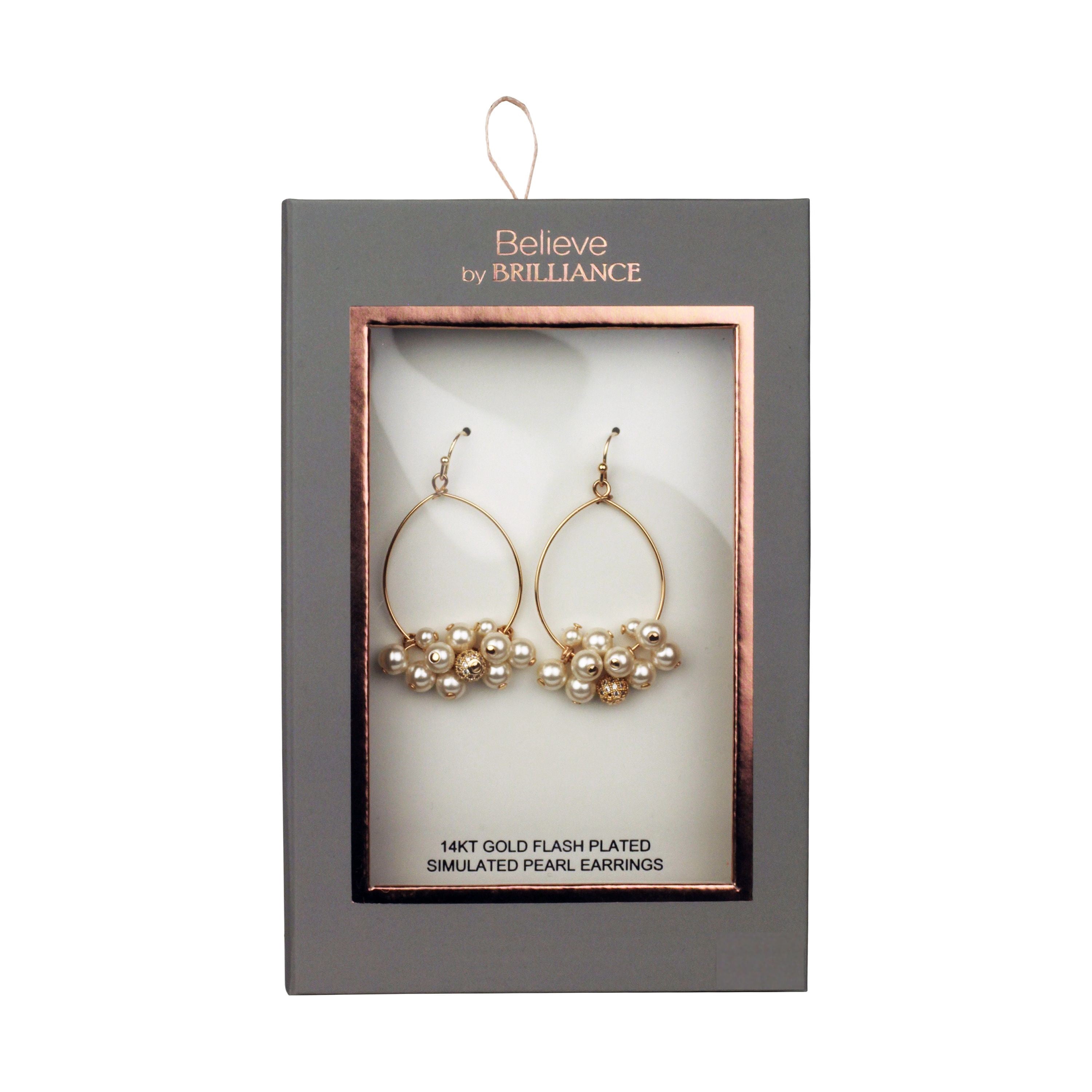 Believe by Brilliance Women's Simulated Pearl Hoop Earrings in 14KT Rose Gold Flash Plated